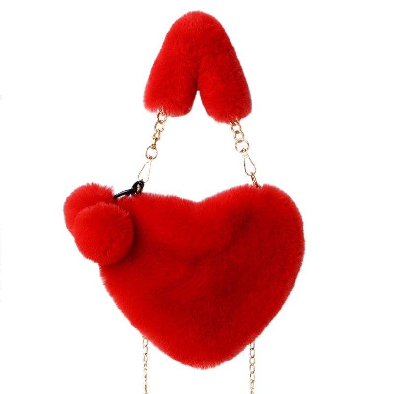 2021 Faux Fur Women Handbags Heart Shaped Shoulder Bag Female Clutch Purse Chain Messenger Bag Plush Shoulder Crossbody Bag - Executive-Skincare