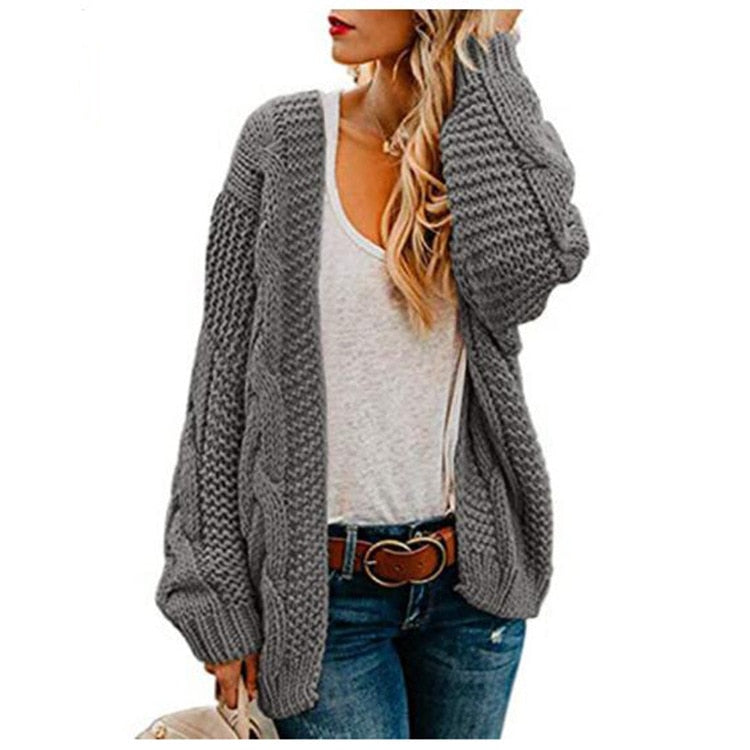 2021 spring and autumn new thick needle twist knit cardigan women&#39;s mid-length solid color casual loose coat cardigan - Executive-Skincare