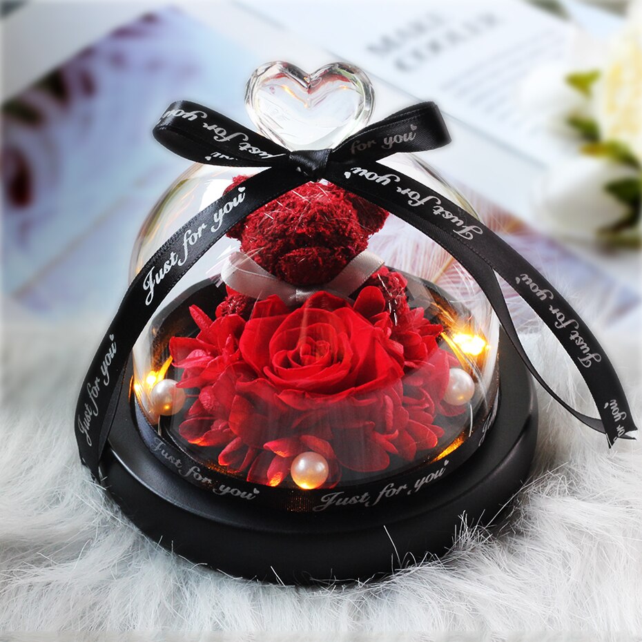 The Beautiful and the Beast Teddy Bear Rose Decor Natural Dried Flowers In Glass Dome LED Mother&#39;s Valentine&#39;s Day Wedding Gift - Executive-Skincare