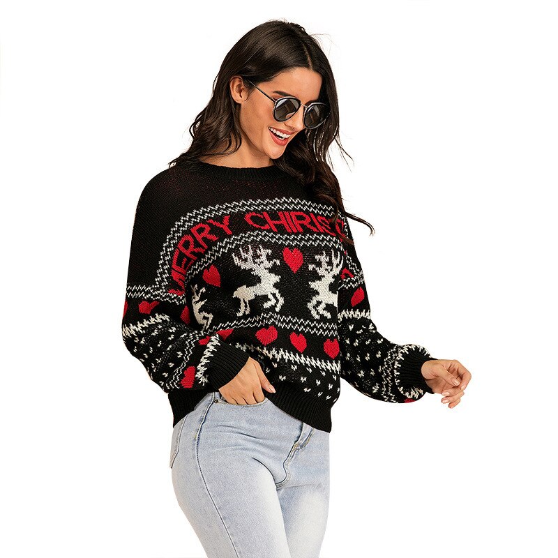 2022 New Year Christmas Reindeer Contrast Color Sweater Women&#39;s Autumn/Winter Round Neck European American Jacquard Knitted Top - Executive-Skincare