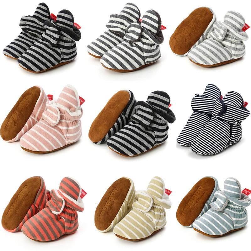 Baby Socks Shoes Boy Girl Stripe Gingham Newborn Toddler First Walkers Booties Cotton Comfort Soft Anti-slip Infant Crib Shoes - Executive-Skincare