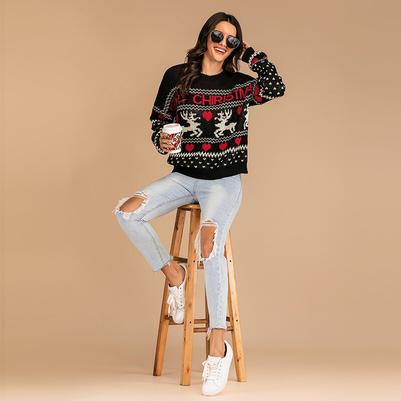 2022 New Year Christmas Reindeer Contrast Color Sweater Women&#39;s Autumn/Winter Round Neck European American Jacquard Knitted Top - Executive-Skincare