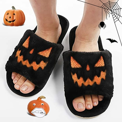 Halloween Pumpkin Fuzzy Slippers Soft Plush Cozy Open Toe Women Slides - Executive-Skincare