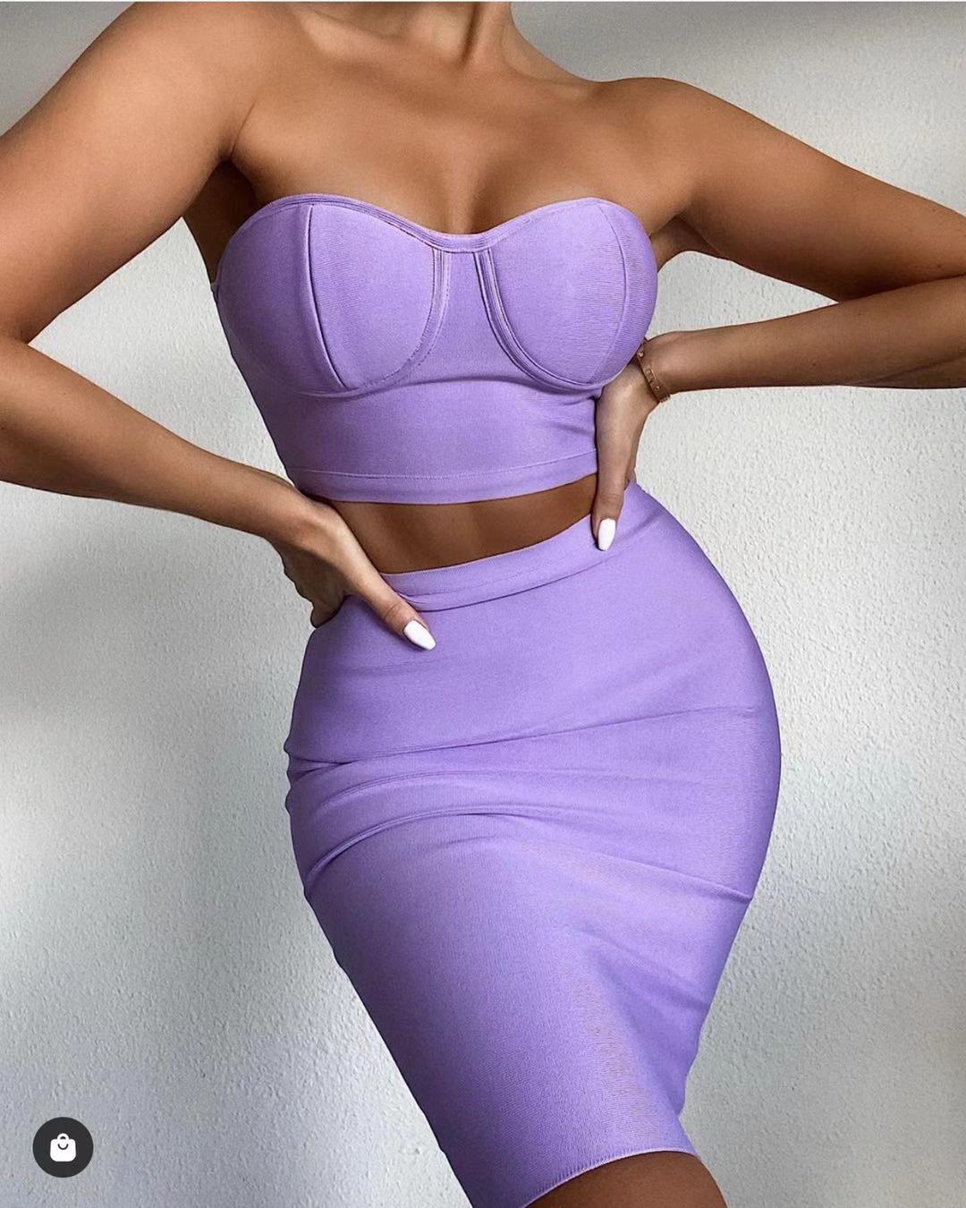 Top Quality Purple Celebrity Two Pieces Set Strapless Knee Length Rayon Bandage Dress Cocktail Party Dress Vestidos - Executive-Skincare