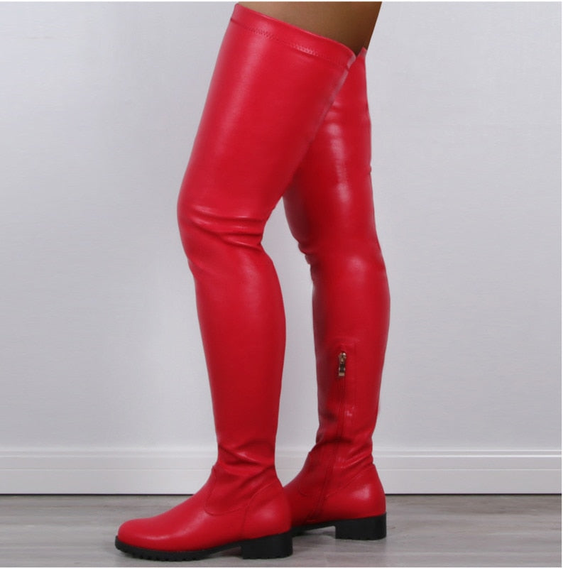 Women Shoes Black Thigh High Boots New Autumn Pu Leather Low Heel Comfortable Shoes Over The Knee Waterproof Boots Ladies Shoes - Executive-Skincare