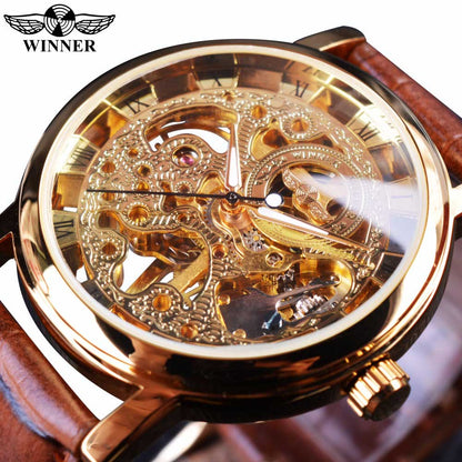 Winner Transparent Golden Case Luxury Casual Design Brown Leather Strap Mens Watches Top Brand Luxury Mechanical Skeleton Watch - Executive-Skincare