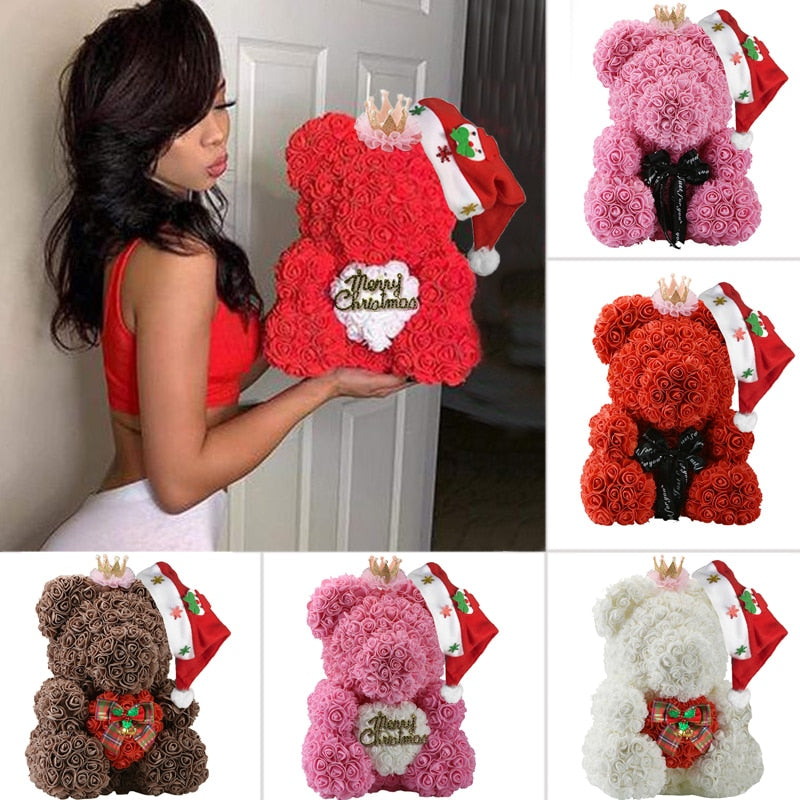 Christmas Gift for Kids&amp;women Artificial PE Rose Teddy Bear of Roses with Crown Valentine&#39;s Day Wedding Love Xmas Gifts for Girl - Executive-Skincare