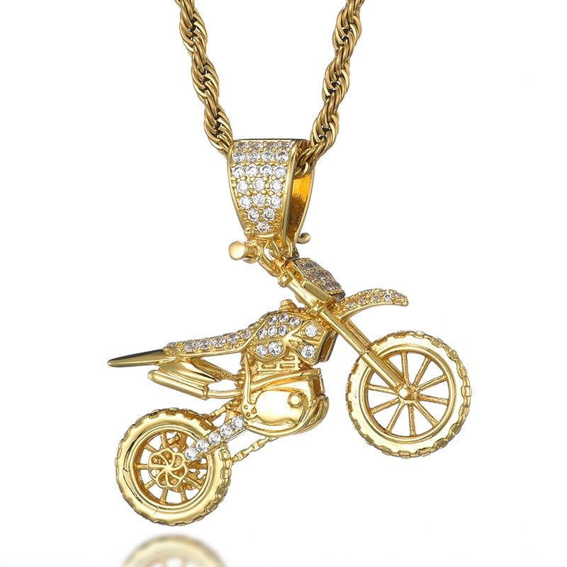 HIP Hop Full AAA Iced Out Bling CZ Cubic Zircon Copper Motorcycle Pendants &amp; Necklaces For Men Jewelry With Tennis Chain - Executive-Skincare