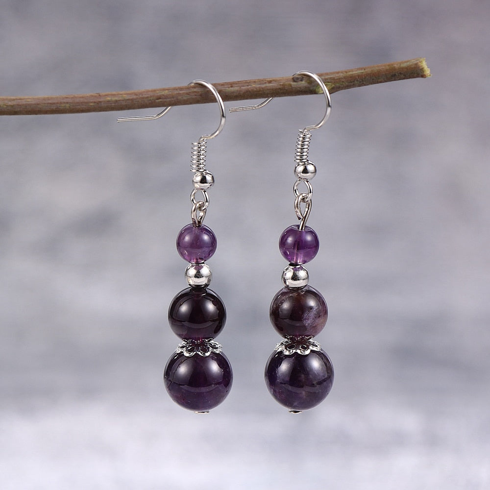 Natural Stone Crystal Dangle Earrings Round Gemstone Amethyst Turquoise Amazonite Bead Drop Earring for Women - Executive-Skincare