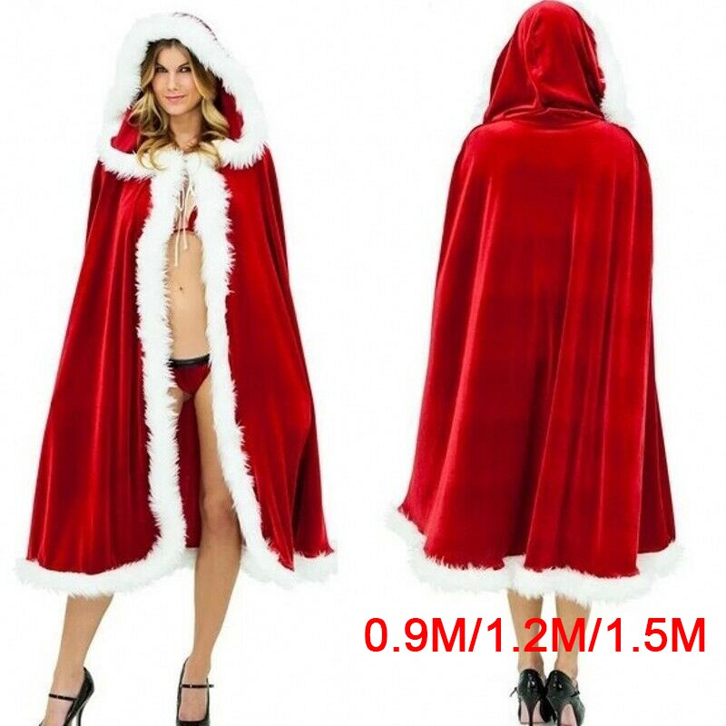 4 Size Red Velvet Hooded Cape Cloak Sexy Santa Cosplay Christmas Costumes Women Carnival Party Clubwear Winter Warm Overcoat - Executive-Skincare