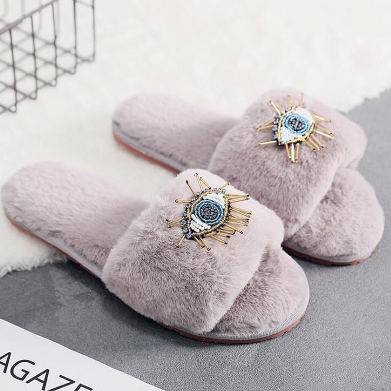 Big Eyes Decoration Fur Slippers Women Flats Winter Home Cotton Slippers Femme Rhinestone Eye Plush Flip Flops Women Shoes s655 - Executive-Skincare