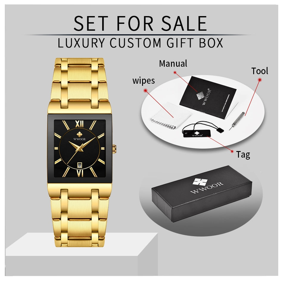 Relogio Masculino WWOOR Gold Watch Men Square Mens Watches Top Brand Luxury Golden Quartz Stainless Steel Waterproof Wrist Watch - Executive-Skincare