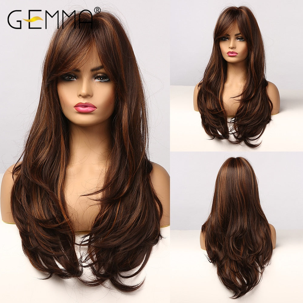 GEMMA Long Wavy Wigs with Bangs Black Brown Ombre Synthetic Heat Resistant Wigs For Women Girls Cosplay Party Daily False Hair - Executive-Skincare