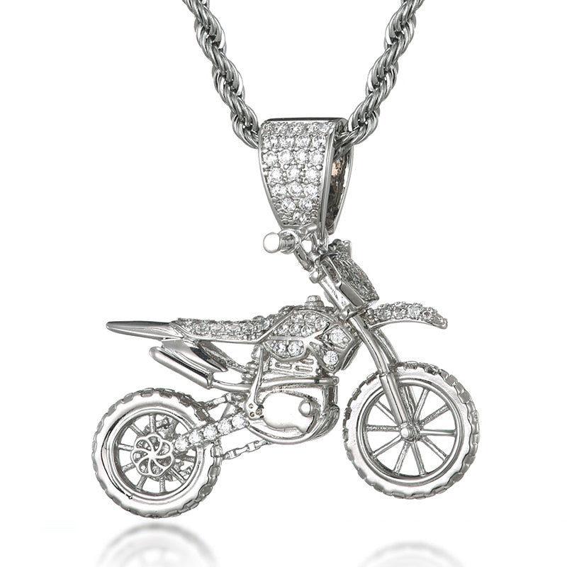 HIP Hop Full AAA Iced Out Bling CZ Cubic Zircon Copper Motorcycle Pendants &amp; Necklaces For Men Jewelry With Tennis Chain - Executive-Skincare