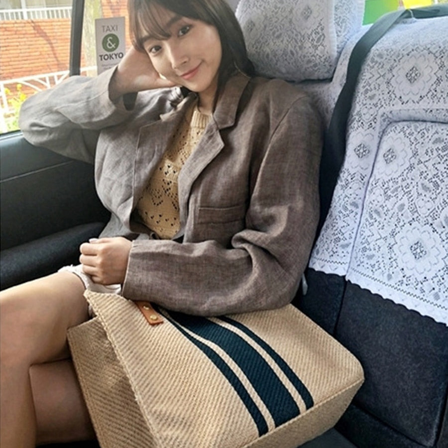 2021 Simple Fashion Large Canvas Handbag For Women Vintage Striped Tote Bag Female Portable Ol Business Briefcase Korean Style - Executive-Skincare