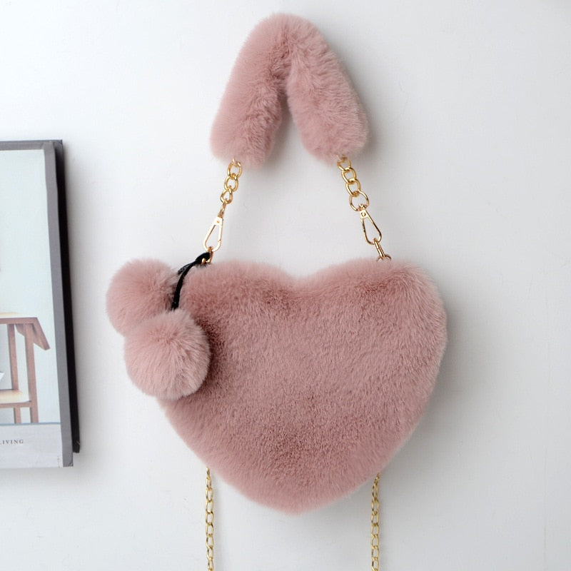 2021 Faux Fur Women Handbags Heart Shaped Shoulder Bag Female Clutch Purse Chain Messenger Bag Plush Shoulder Crossbody Bag - Executive-Skincare