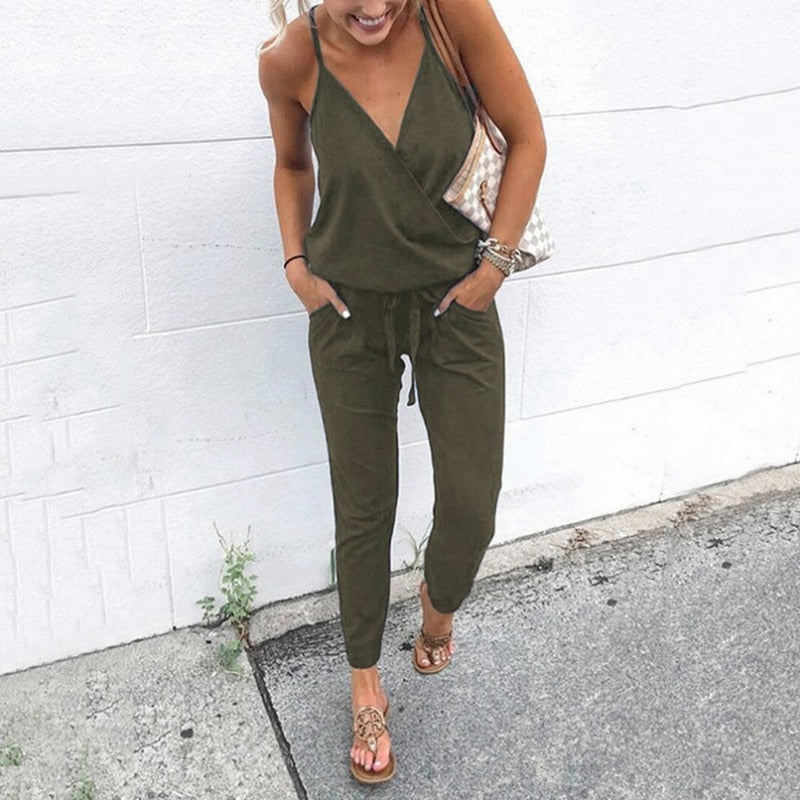 2022 Summer Women Holiday Casual Sleeveless Jumpsuits Fashion Ladies Solid Color Bodysuit Wide Leg Loose Long Pants Trousers - Executive Quality Store