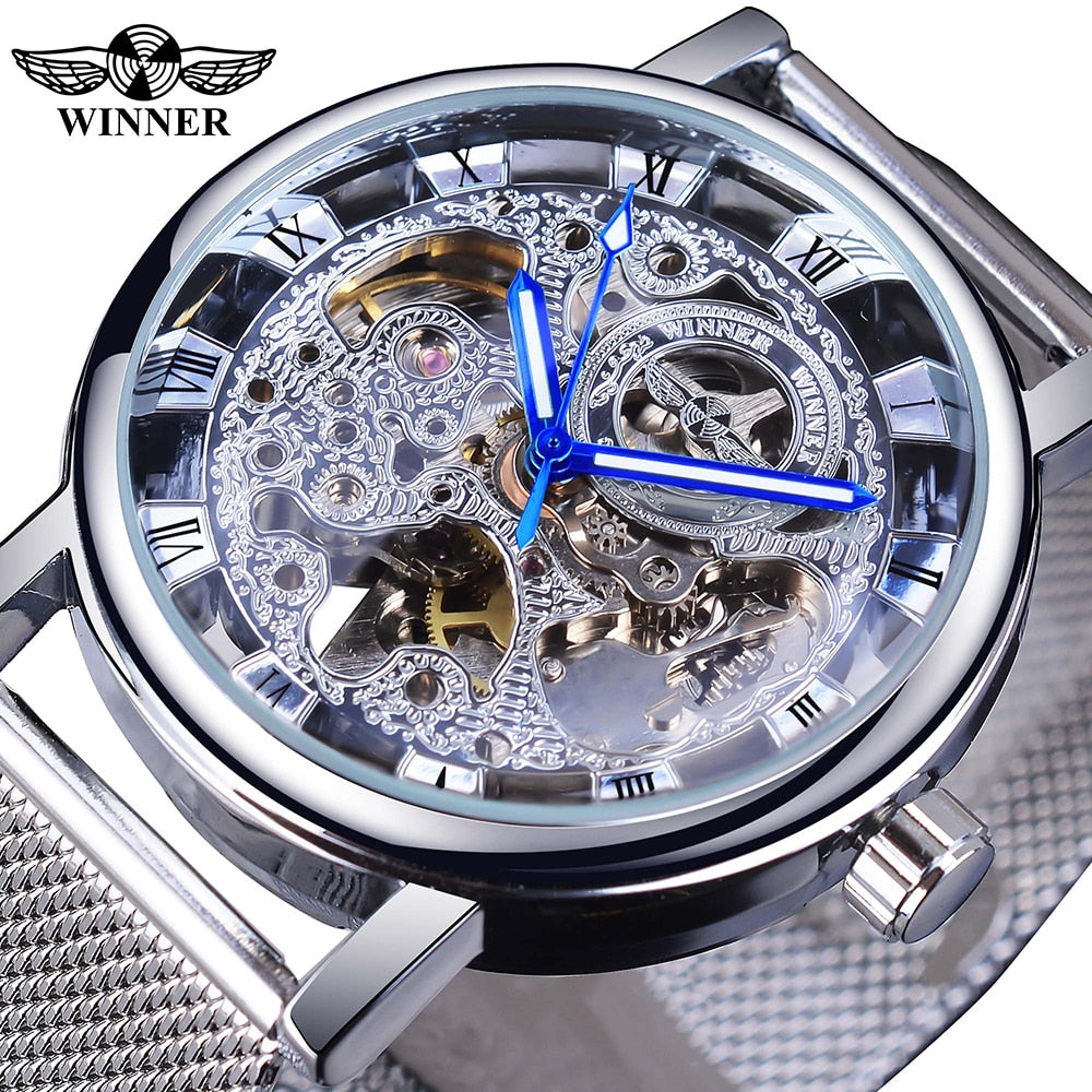 Winner Transparent Golden Case Luxury Casual Design Brown Leather Strap Mens Watches Top Brand Luxury Mechanical Skeleton Watch - Executive-Skincare