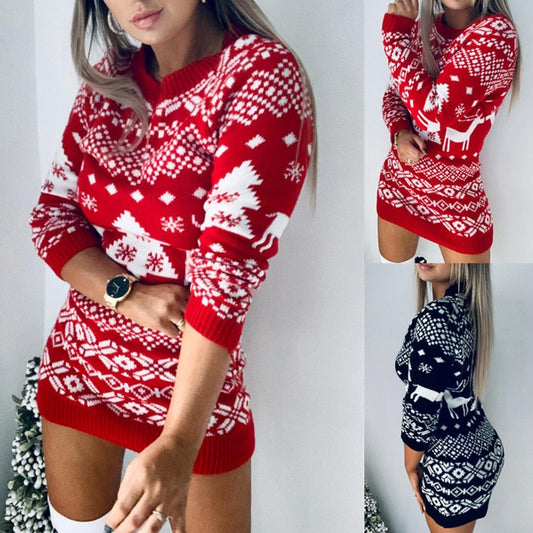 Christmas Knitted Mini Dress Women O Neck Elk Snowflake Print Xmas Dresses For Women Pullover Winter Warm Party Dresses F - Executive-Skincare