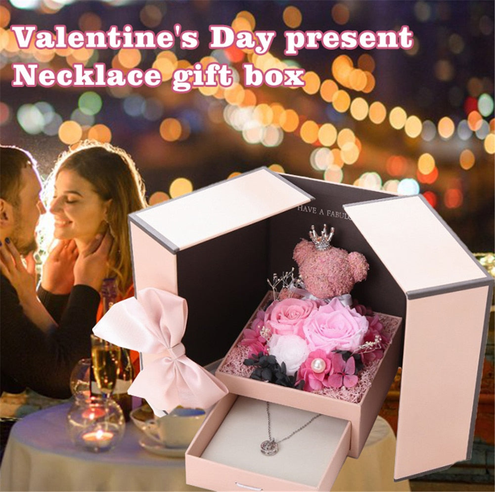 Rose Teddy Bear Double Door Gift Box  Artificial preserved flower Jewelry Necklace Gift Case Wedding  Valentine&#39;s Day Gift - Executive-Skincare