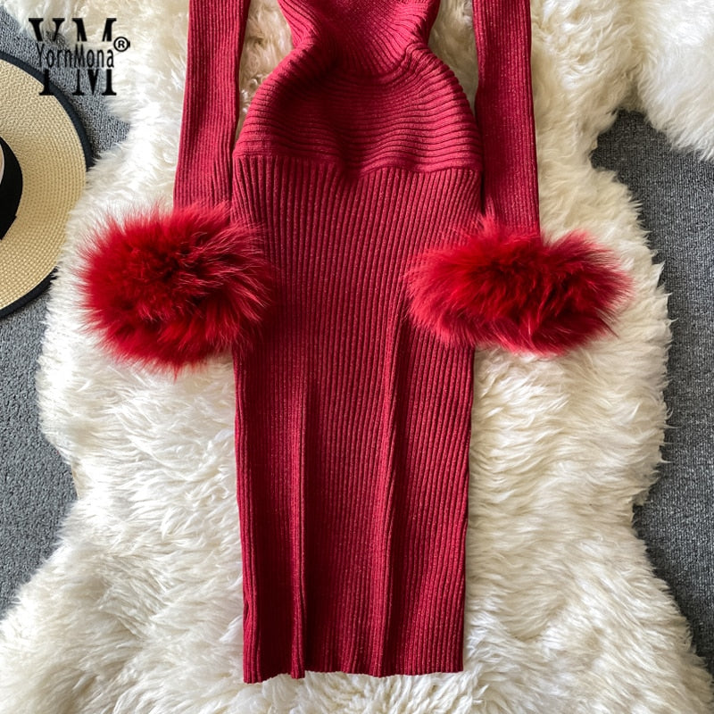 YornMona Autumn Winter Women Shining Knitted Sweater Dress Sexy Hollow Out V-neck Halter Bodycon Dress Red Christmas Party Dress - Executive-Skincare