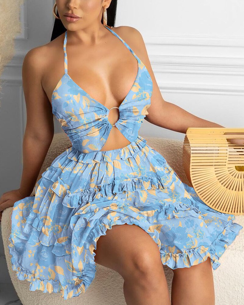 Fashion Women Sexy Backless Halter Geo Print Mini Dress Beach Dresses O-ring Cut-out Backless Frill Hem Summer Short Dresses - Executive-Skincare