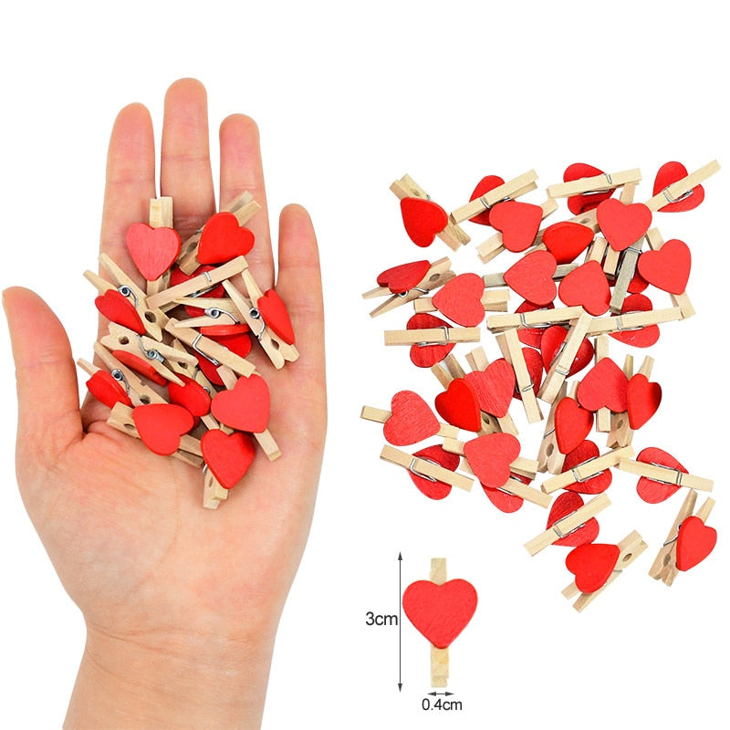 50pcs Mini Wooden Clip Love Heart Shape Photo Paper Clips Pegs Valentines Day Wedding Birthday Party Home Decoration DIY Crafts - Executive-Skincare