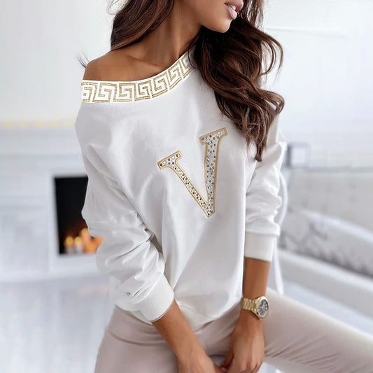 2022 Autumn Women Sexy White Round Neck Fashion T-shirts Daily Wear One Shoulder Rhinestone Letter Long Sleeve Casual Top - Executive-Skincare