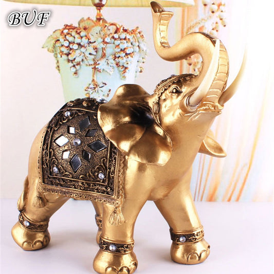 Golden Resin Elephant Statue Feng Shui Elegant Elephant Trunk Sculpture Lucky Wealth Figurine Crafts Ornaments For Home Decor - Executive-Skincare