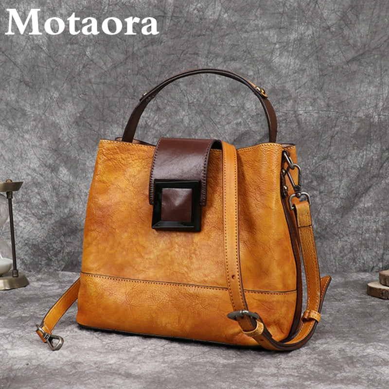 Motaora Women&#39;s Bag Retro Genuine Leather Bucket Bag Handmade Women Shoulder Bag First Layer Cowhide Crossbody Bags For Female - Executive-Skincare