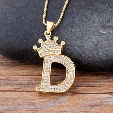 Nidin New Luxury Copper Zircon A-Z Crown Alphabet Pendant Chain Necklace Hip-Hop Style Fashion Woman Man Initial Name Jewelry - Executive-Skincare