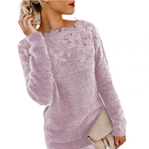 Oversize Winter Sweater Women Solid Color Long Sleeve O Neck Floral Lace Pullover Casual Elegant  Sweater - Executive-Skincare