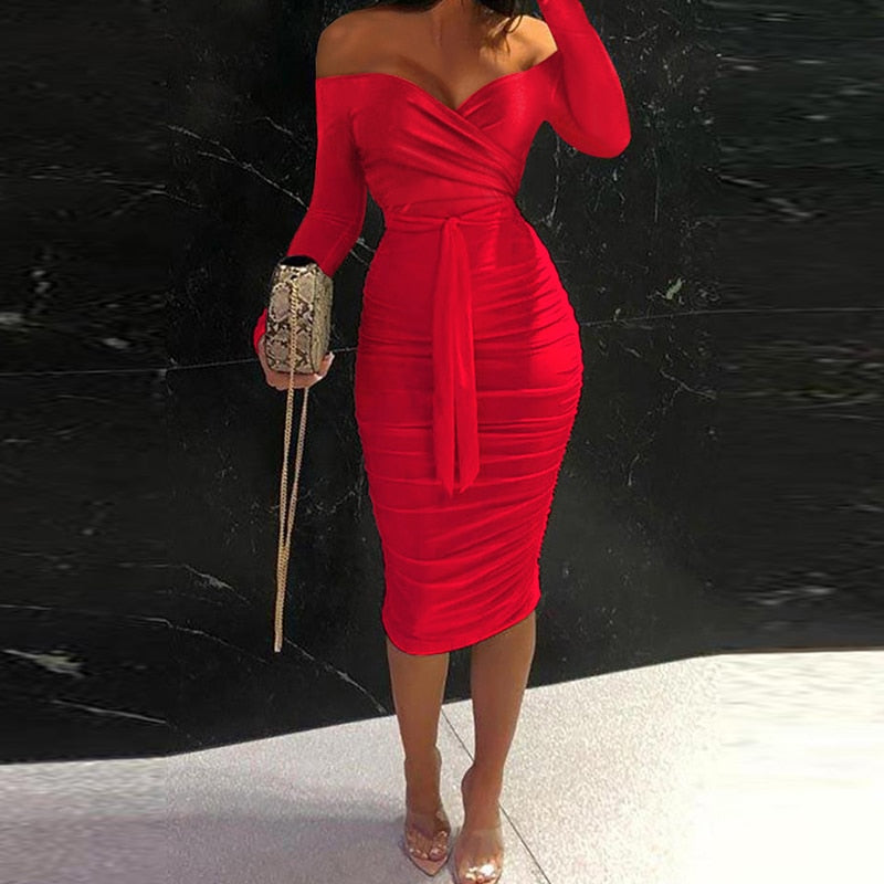 Sexy Dresses For Women Elegant Long Sleeve Bodycon Dress Women Autumn Off Shoulder Lace Up Red Party Dress Casual Clubwear - Executive-Skincare