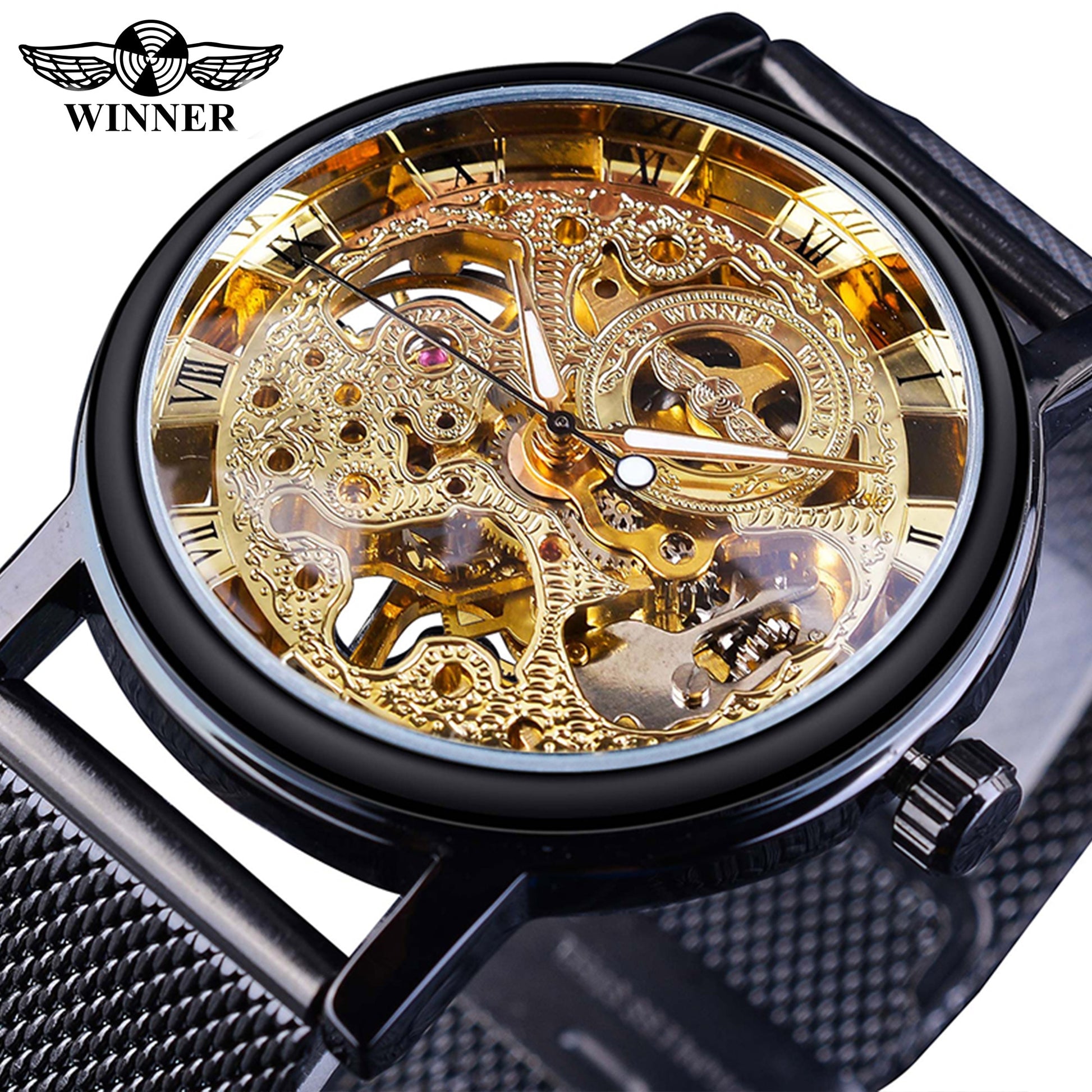 Winner Transparent Golden Case Luxury Casual Design Brown Leather Strap Mens Watches Top Brand Luxury Mechanical Skeleton Watch - Executive-Skincare