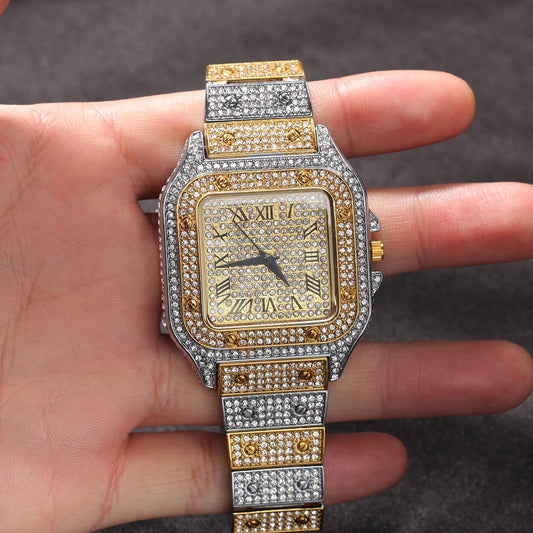 Hip Hop Full Iced Out Full Drill Men Square Watches Stainless Steel Fashion Luxury Rhinestones Quartz Square Business Watch - Executive-Skincare