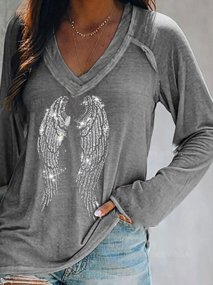 Spring Summer Casual V Neck Loose Oversize Tee Shirt Gary Glitter Studded Wing Pattern Long Sleeve Top blusas y camisas - Executive-Skincare