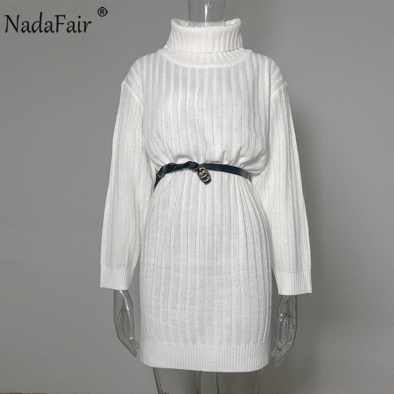 Nadafair White Sweater Dresses 2020 Christmas Solid Long Sleeve Mini Casual Loose Turtleneck Knitted Winter Dress Women Vestidos - Executive-Skincare