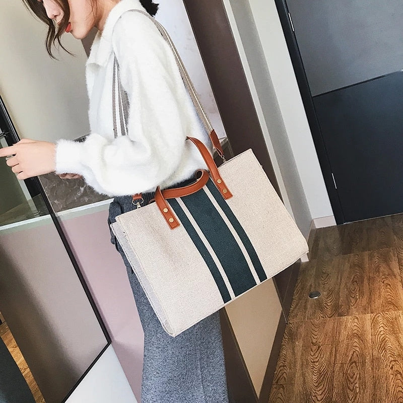 Large Capacity Canvas Striped Women Tote Bag Commuter Shoulder Crossbody Bags for Women 2021 Fashion Business Briefcase Handbag - Executive-Skincare