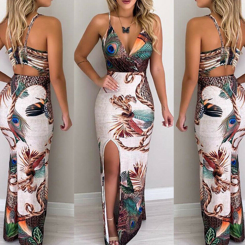 Hirigin Boho Floral Women Dress Sexy Ladies Sleeveless Bodycon Prom Evening Party Summer Beach Casual Long Sundress - Executive-Skincare