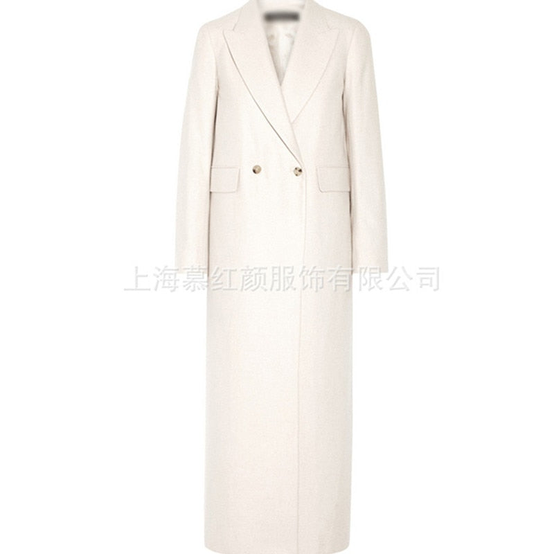 Women Winter Coat Wool 2022 New Double breasted cashmere Vintage Elegant jacket Fashion Outerwear White X-Long Coat Female - Executive-Skincare