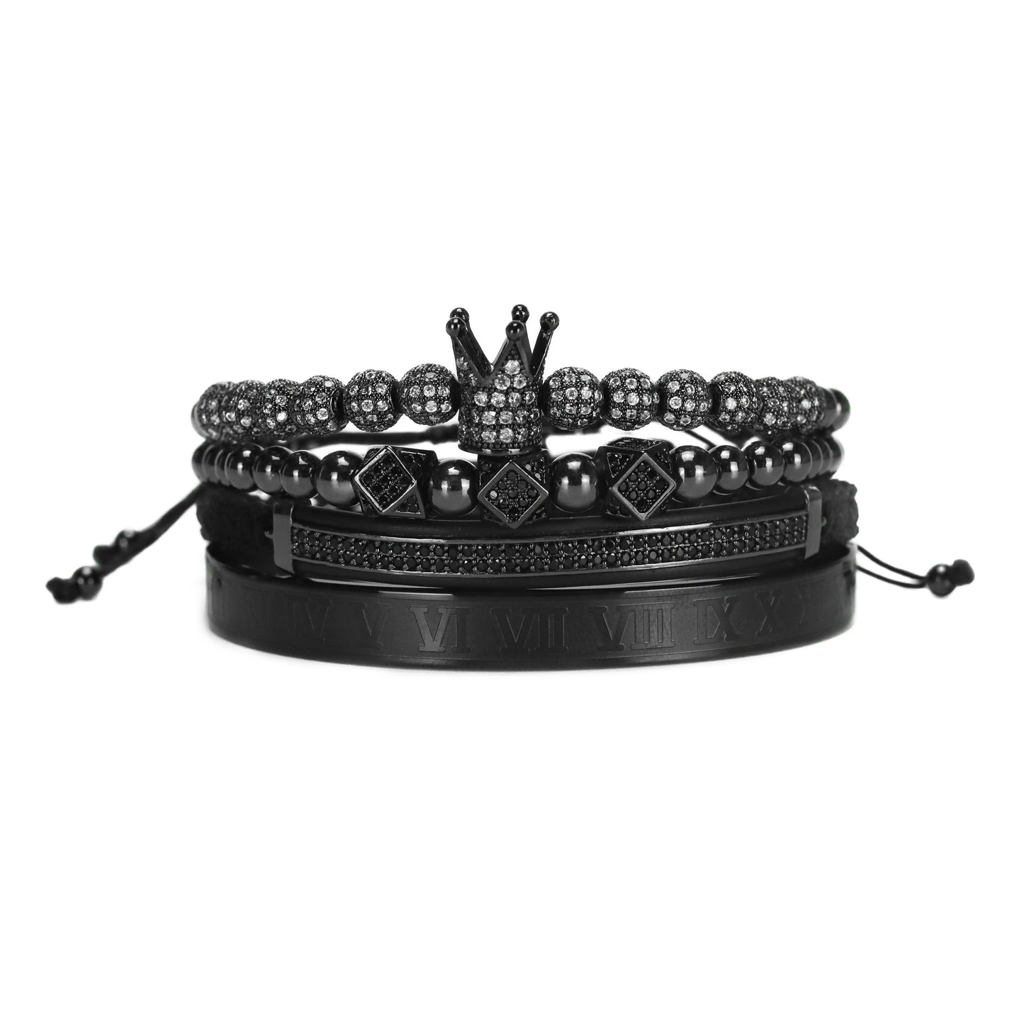 4pcs/set Luxury Stainless Steel Beads Royal King Crown Men Bracelet CZ Roman Bracelets &amp; Bangles Keep Color Rock Punk Jewellery - Executive-Skincare