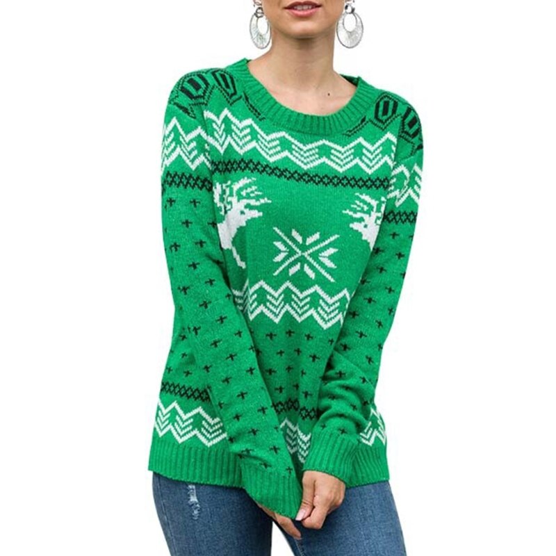 Christmas Printed Sweater Women Winter Long Sleeve O-Neck Sweater Reindeer Snowflake Jacquard Tops Knitted Loose Holiday Jumper - Executive-Skincare