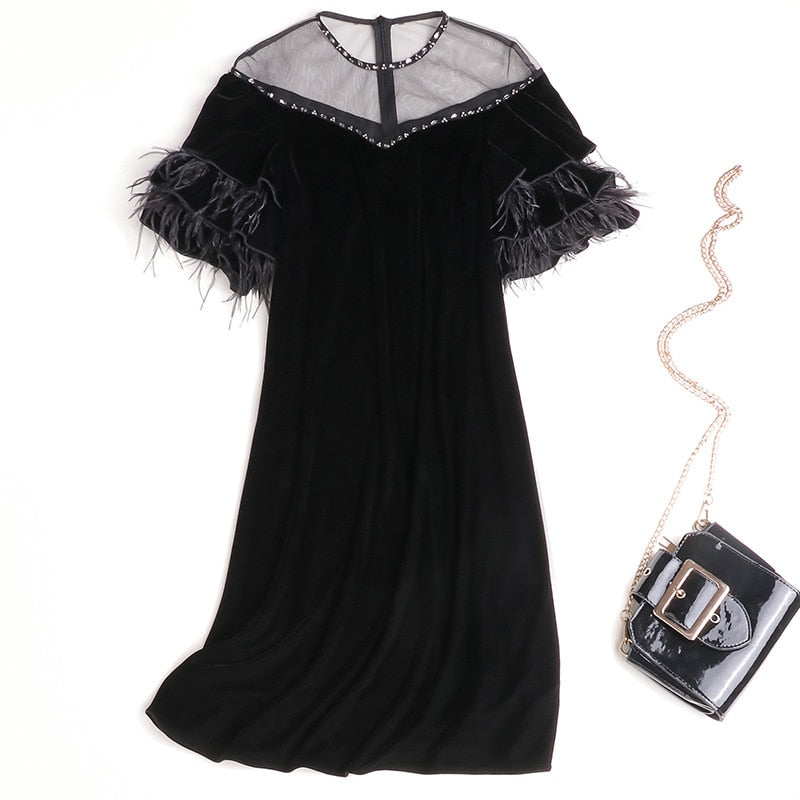 Autumn new women beaded mesh round neck velvet dress ostrich feather lotus leaf sleeve dresses - Executive-Skincare