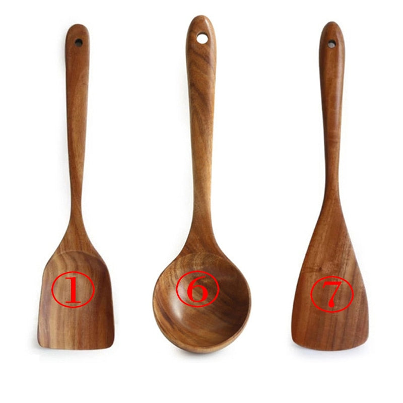 7pcs/set Teak Natural Wood Tableware Spoon Ladle Turner Rice Colander Soup Skimmer Cooking Spoon Scoop Kitchen Reusable Tool Kit - Executive-Skincare