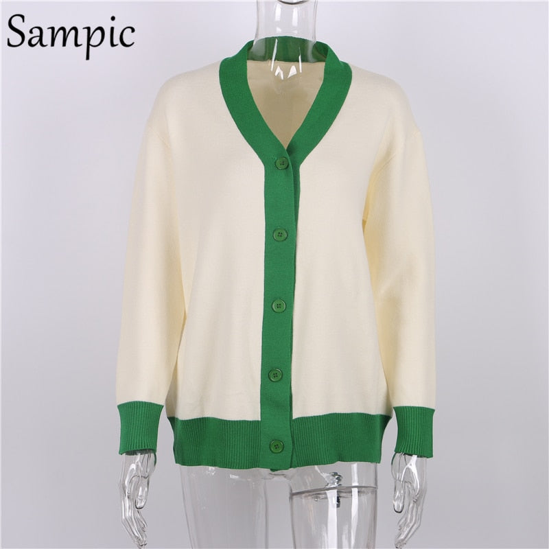 Sampic Loose Patchwork Knitwear Winter 2021 Women Cardigans Tops Oversized Long Sleeve Y2K V Neck Sweater Casual Fashion Tops - Executive-Skincare