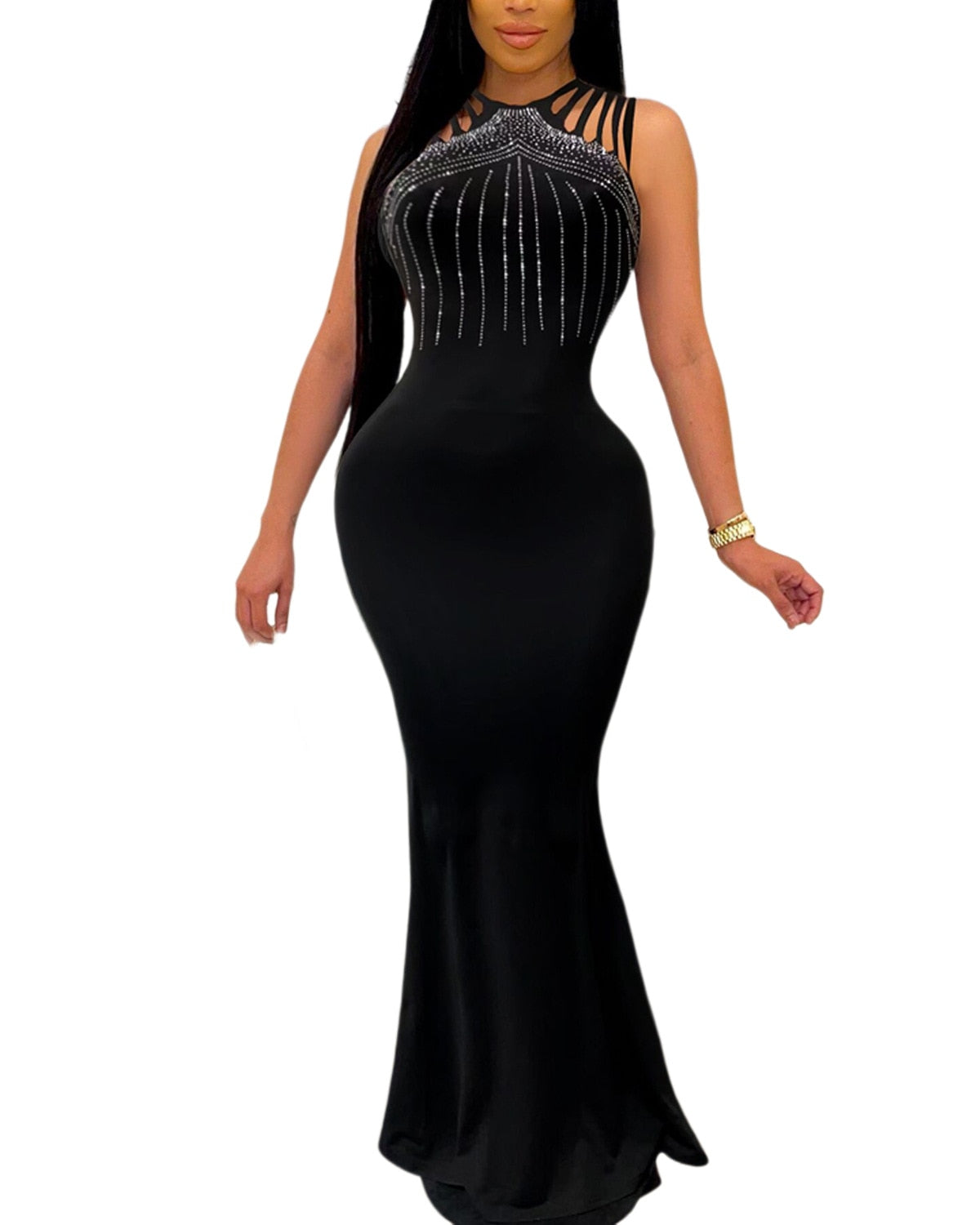 ANJAMANOR Elegant Sexy Evening Dresses for Women Party Classy Night Club Sparkle Rhinestone Black Bodycon Maxi Dress D35-DI30 - Executive-Skincare