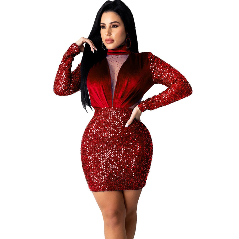 Autumn Winter Velvet Mesh Sheer Sparkly Elegant Christmas Dresses for Women Long Sleeve Nightout Evening Bodycon Mini Dress Club - Executive-Skincare