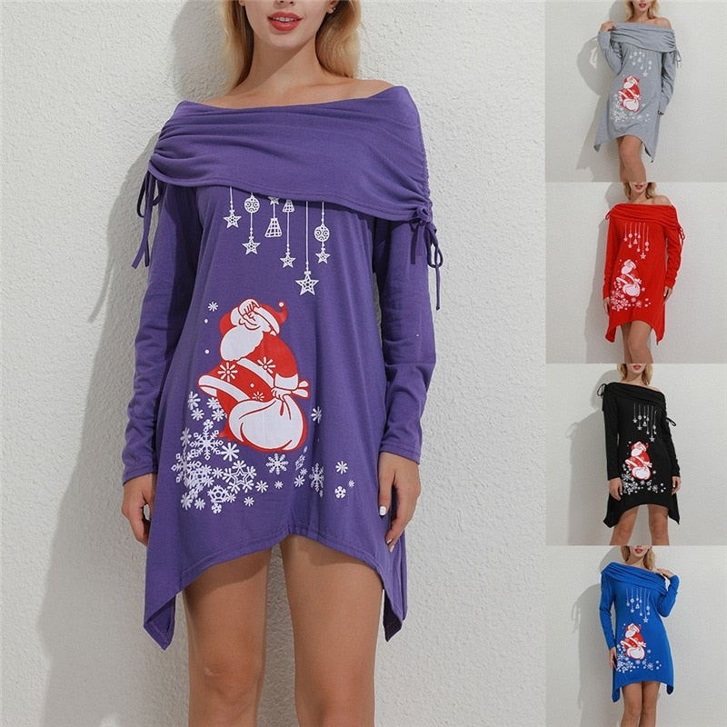 New Arrival Long Sleeve Santa Claus Dress Women Snowflake Print Irregular Dress Top Female Fashion Christmas Dress - Executive-Skincare