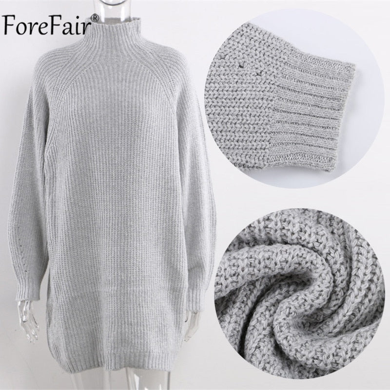 Forefair Turtleneck Long Sleeve Sweater Dress Women Autumn Winter Loose Tunic Knitted Casual Pink Gray Clothes Solid Dresses - Executive-Skincare