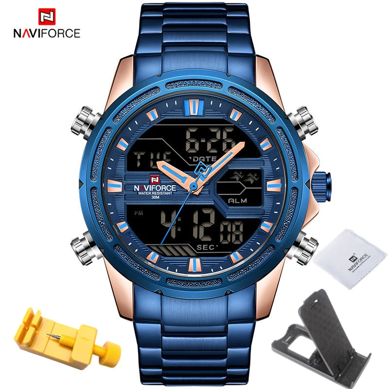 NAVIFORCE Watches for Men Luxury Brand Digital Chronograph Sport Quartz Wristwatch Waterproof Military Steel Band Luminous Clock - Executive-Skincare